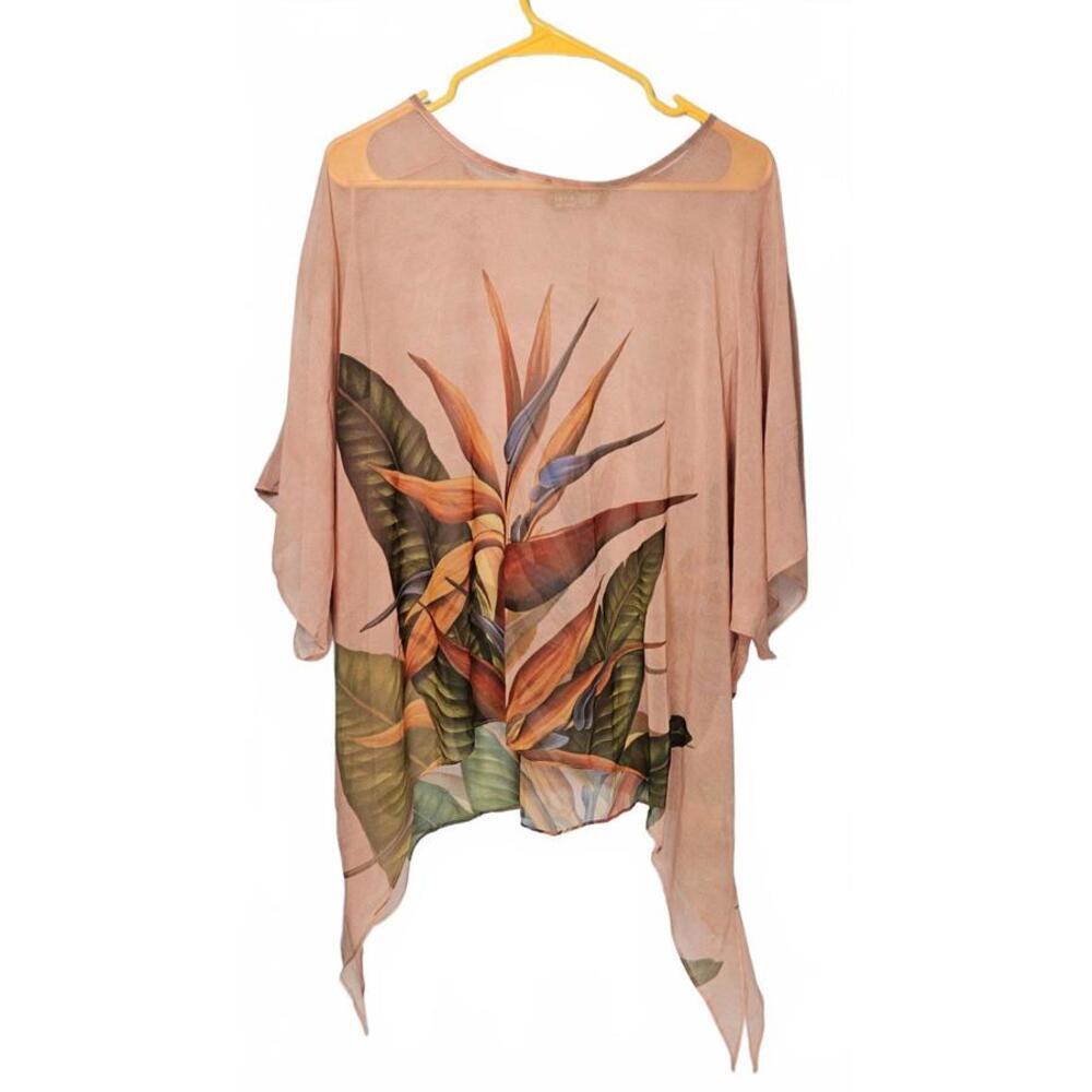 Jade Floral Print Kimono Style Sheer‎ Rayon Blush Color Lightweight Blouse